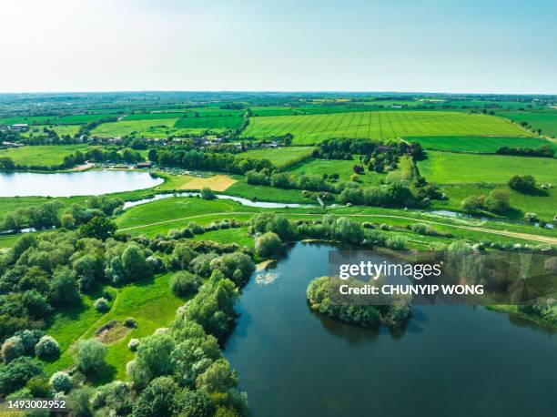 vista con drones de la reserva natural de linford lakes en milton keynes, inglaterra - buckinghamshire fotografías e imágenes de stock