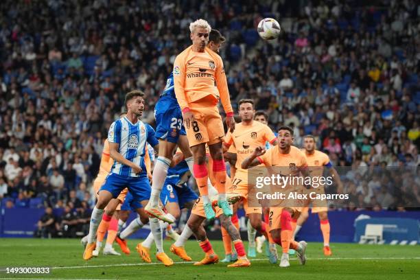 Cesar Montes of RCD Espanyol scores the team's first goal during the LaLiga Santander match between RCD Espanyol and Atletico de Madrid at RCDE...