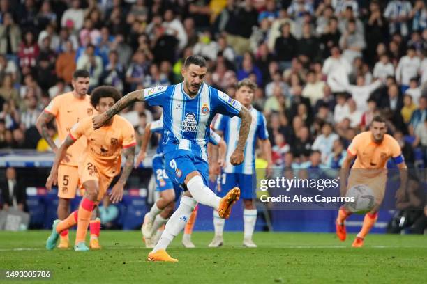 Joselu of RCD Espanyol scores the team's second goal from a penalty kick during the LaLiga Santander match between RCD Espanyol and Atletico de...