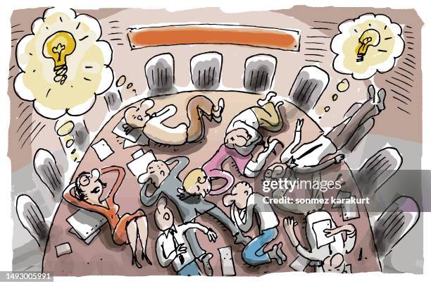 people lying at meeting table and brainstorming - creative team table stock illustrations