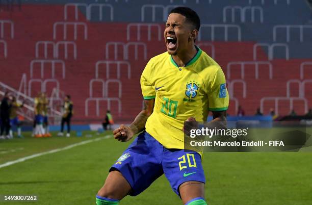 Savio of Brazil celebrates after scoring the team's first goal during FIFA U-20 World Cup Argentina 2023 Group D match between Brazil and Dominican...