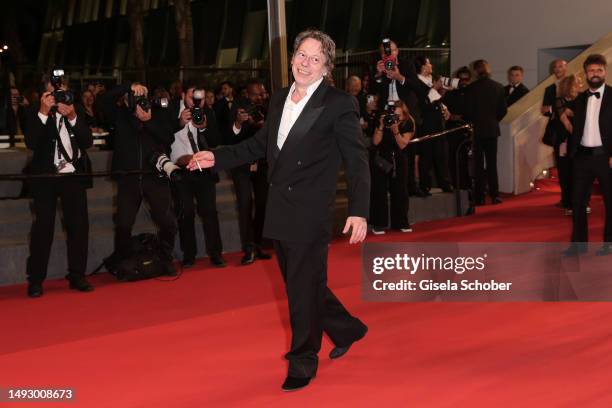 Mathieu Amalric departs the "Il Sol Dell'Avvenire " red carpet during the 76th annual Cannes film festival at Palais des Festivals on May 24, 2023 in...