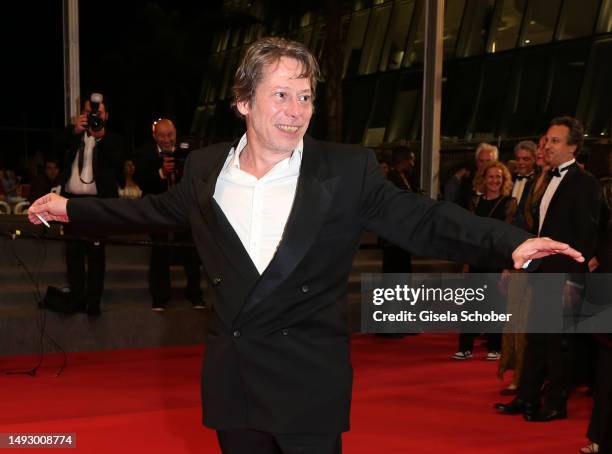 Mathieu Amalric departs the "Il Sol Dell'Avvenire " red carpet during the 76th annual Cannes film festival at Palais des Festivals on May 24, 2023 in...