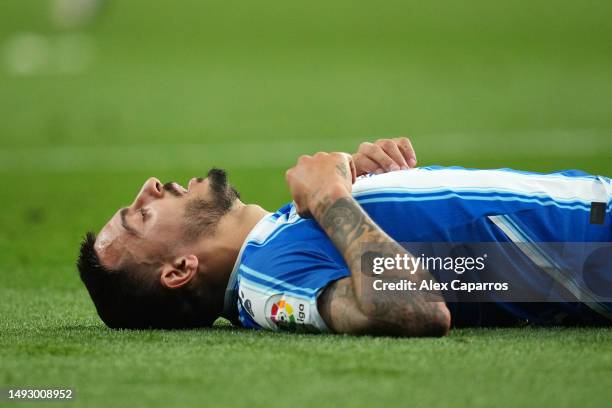 Joselu of RCD Espanyol looks dejected after the LaLiga Santander match between RCD Espanyol and Atletico de Madrid at RCDE Stadium on May 24, 2023 in...