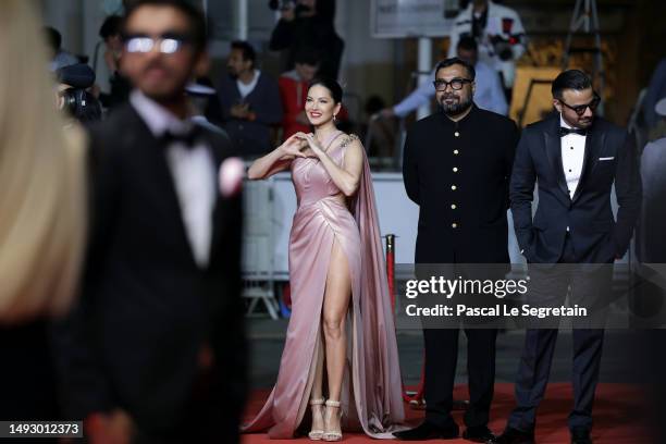 Sunny Leone, Director Anurag Kashyap and Rahul Bhat attend the "Kennedy" red carpet during the 76th annual Cannes film festival at Palais des...