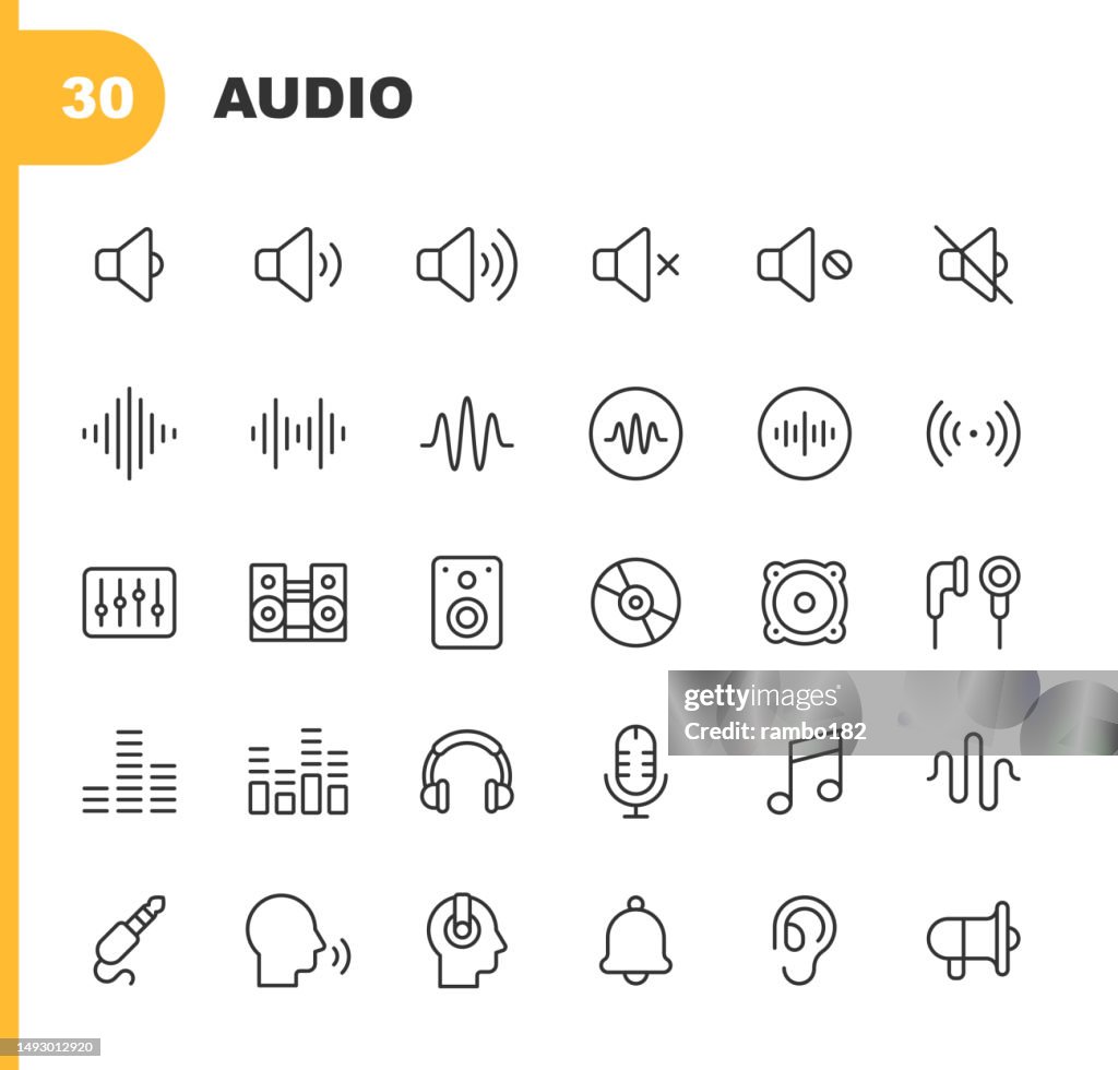 Audio-Line-Symbole. Bearbeitbarer Strich. Enthält Symbole wie Sound, Lautstärke, Stummschaltung, Musik, Schallwelle, Frequenz, Stereo, Mischpult, Lautsprecher, Kopfhörer, Musik, Radio, Mikrofon, Kopfhörer, Sprechen, Ohr.