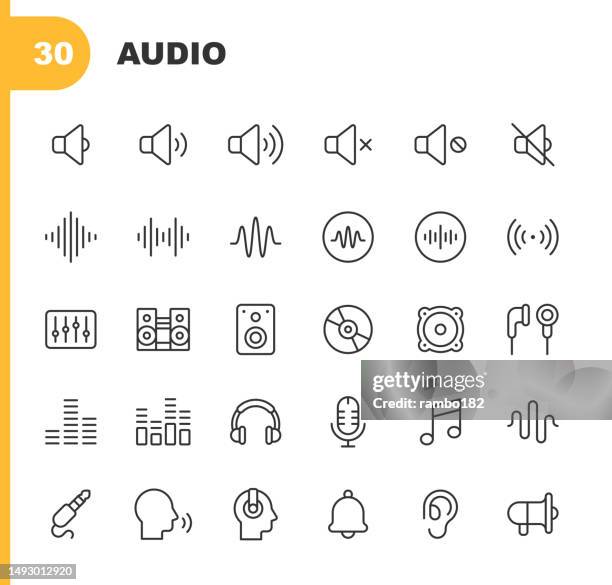 illustrations, cliparts, dessins animés et icônes de icônes de ligne audio. contour modifiable. contient des icônes telles que son, volume, muet, musique, onde sonore, fréquence, stéréo, mixeur, haut-parleur, écouteurs, musique, radio, microphone, casque, parler, oreille. - onde sonore