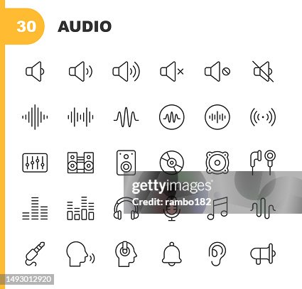 Audio Line Icons. Editable Stroke. Contains such icons as Sound, Volume, Mute, Music, Sound Wave, Frequency, Stereo, Mixer, Speaker, Earphones, Music, Radio, Microphone, Headphones, Speaking, Ear. Audio Line Icons. Editable Stroke. Contains such icons as Sound, Volume, Mute, Music, Sound Wave, Frequency, Stereo, Mixer, Speaker, Earphones, Music, Radio, Microphone, Headphones, Speaking, Ear.