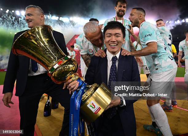 Chairman of FC Internazionale Steven Zhang celebrates the win with the trophy during the award ceremony at the end of the Coppa Italia final match...