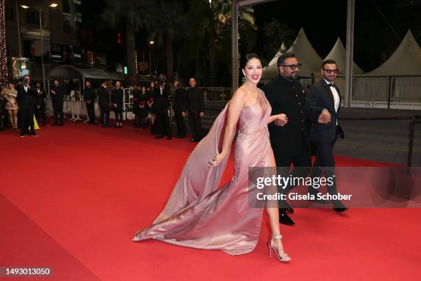 Sunny Leone, Director Anurag Kashyap and Rahul Bhat attend the "Kennedy" red carpet during the 76th annual Cannes film festival at Palais des...