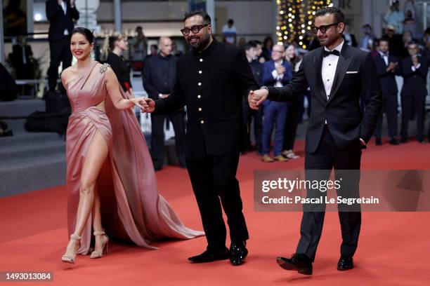 Sunny Leone, Director Anurag Kashyap and Rahul Bhat attend the "Kennedy" red carpet during the 76th annual Cannes film festival at Palais des...