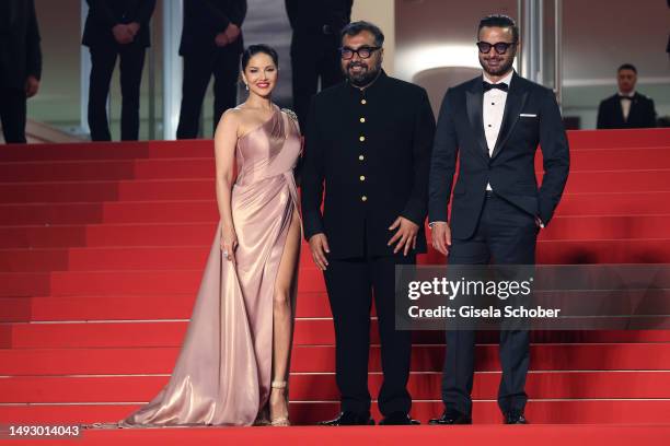 Sunny Leone, Director Anurag Kashyap and Rahul Bhat attend the "Kennedy" red carpet during the 76th annual Cannes film festival at Palais des...