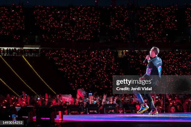 Chris Martin of Coldplay performs on stage at Estadi Olimpic on May 24, 2023 in Barcelona, Spain.