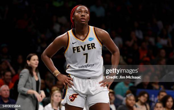 Aliyah Boston of the Indiana Fever in action against the New York Liberty at Barclays Center on May 21, 2023 in New York City. The Liberty defeated...