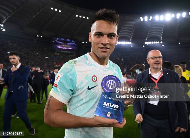 Lautaro Martinez of FC Internazionale celebrates the win after receiving the MVP award during the award ceremony at the end of the Coppa Italia final...