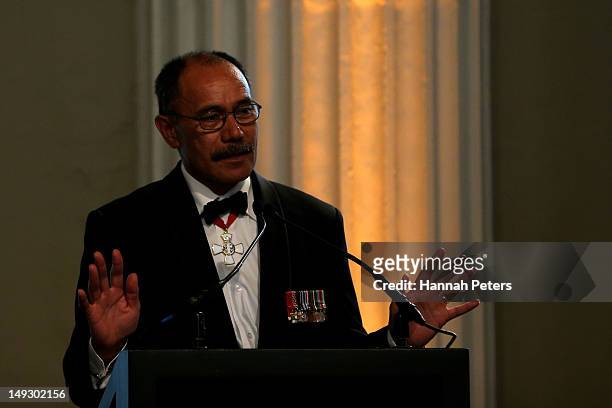 Governor General Sir Jerry Mateparae speaks during the NZOC Governor General's Gala Dinner ahead of the London 2012 Olympic Games at Banqueting...