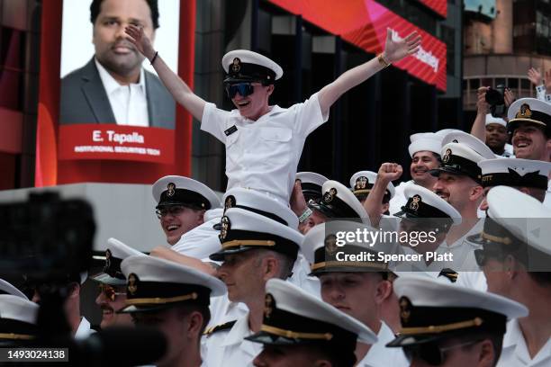 Service men and women gather in Times Square for a group photo during the start of the 35th annual Fleet Week on May 24, 2023 in New York City. Nine...