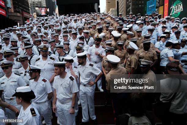 Service men and women gather in Times Square for a group photo during the start of the 35th annual Fleet Week on May 24, 2023 in New York City. Nine...