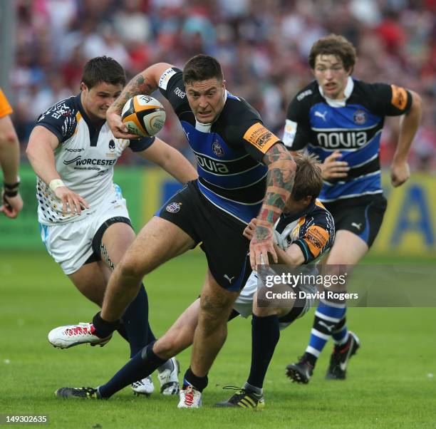 Matt Banahan of Bath breaks clear against Worcester during the J.P.Morgan Asset Management Premiership Rugby 7's Series at Kingsholm Stadium on July...