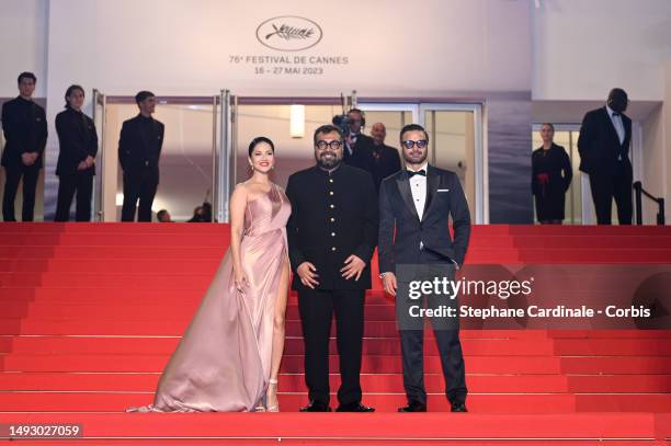 Sunny Leone, Director Anurag Kashyap and Rahul Bhat attend the "Kennedy" red carpet during the 76th annual Cannes film festival at Palais des...