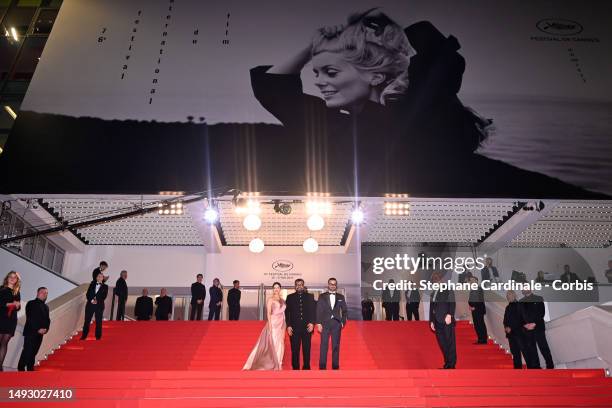 Sunny Leone, Director Anurag Kashyap and Rahul Bhat attend the "Kennedy" red carpet during the 76th annual Cannes film festival at Palais des...