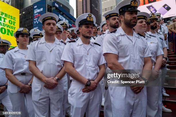Service men and women gather in Times Square for a group photo during the start of the 35th annual Fleet Week on May 24, 2023 in New York City. Nine...