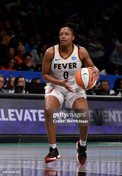 Kelsey Mitchell of the Indiana Fever in action against the New York Liberty at Barclays Center on May 21, 2023 in New York City. The Liberty defeated...