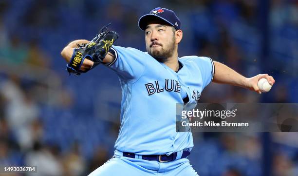 Yusei Kikuchi of the Toronto Blue Jays pitches during a game against the Tampa Bay Rays at Tropicana Field on May 24, 2023 in St Petersburg, Florida.