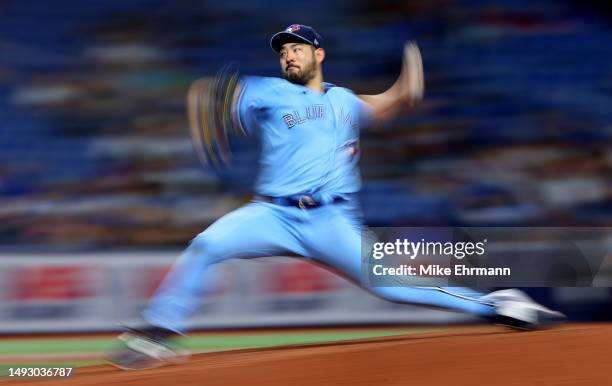 Yusei Kikuchi of the Toronto Blue Jays pitches during a game against the Tampa Bay Rays at Tropicana Field on May 24, 2023 in St Petersburg, Florida.