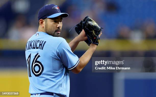 Yusei Kikuchi of the Toronto Blue Jays pitches during a game against the Tampa Bay Rays at Tropicana Field on May 24, 2023 in St Petersburg, Florida.