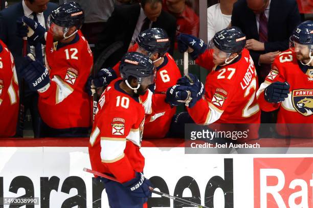 Anthony Duclair of the Florida Panthers celebrates with his teammates after scoring a goal on Frederik Andersen of the Carolina Hurricanes during the...