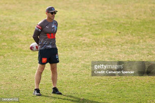 Blues coach Brad Fittler watches on during a New South Wales Blues State of Origin training session at Coogee Oval on May 25, 2023 in Sydney,...