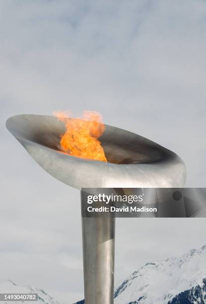 The Olympic Cauldron and flame is lit during the 1992 Winter Olympics in February 1992 in Albertville, France.