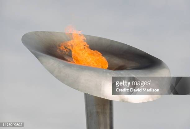 The Olympic Cauldron and flame is lit during the 1992 Winter Olympics in February 1992 in Albertville, France.
