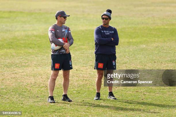 Blues coach Brad Fittler and assistant coach Andrew Johns talk during a New South Wales Blues State of Origin training session at Coogee Oval on May...