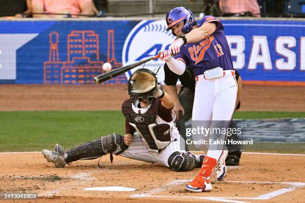 Billy Amick of the Clemson Tigers hits against the Virginia Tech Hokies in the second inning during the ACC Baseball Championship at Durham Bulls...
