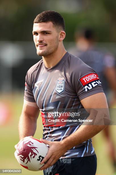 Nathan Cleary of the Blues passes during a New South Wales Blues State of Origin training session at Coogee Oval on May 25, 2023 in Sydney, Australia.