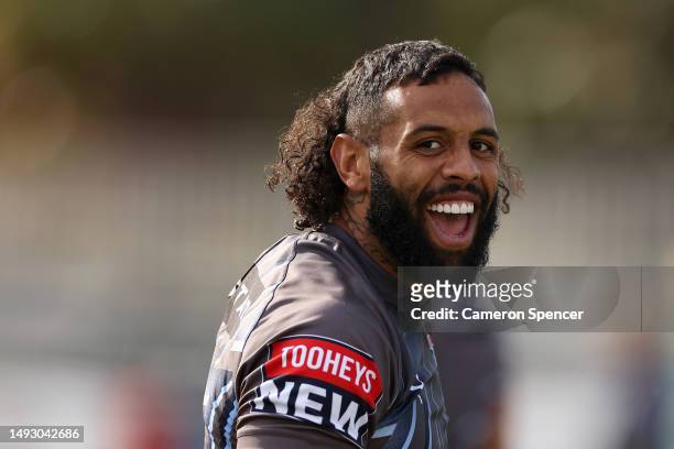 Josh Addo-Carr of the Blues smiles during a New South Wales Blues State of Origin training session at Coogee Oval on May 25, 2023 in Sydney,...