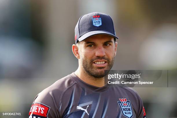 James Tedesco of the Blues looks on during a New South Wales Blues State of Origin training session at Coogee Oval on May 25, 2023 in Sydney,...