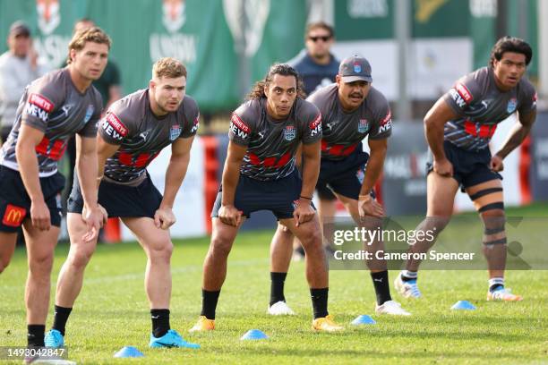 Jarome Luai of the Blues and team mates prepare for a drill during a New South Wales Blues State of Origin training session at Coogee Oval on May 25,...