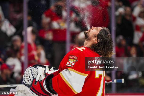 Sergei Bobrovsky of the Florida Panthers is seen in net during the first period against the Carolina Hurricanes in Game Four of the Eastern...