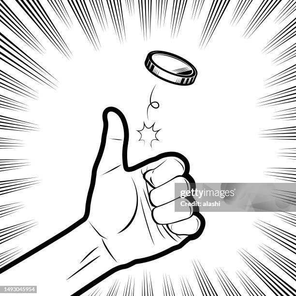 human hand tossing a coin, in the background with radial manga speed lines - flipping a coin stock illustrations