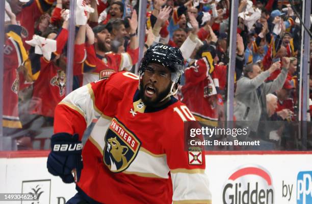 Anthony Duclair of the Florida Panthers scores a first period goal against the Carolina Hurricanes during the first period in Game Four of the...