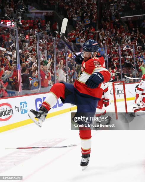 Matthew Tkachuk of the Florida Panthers scores a first period goal against the Carolina Hurricanes in Game Four of the Eastern Conference Finals of...