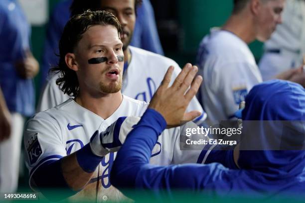 Bobby Witt Jr. #7 of the Kansas City Royals celebrates scoring in the fourth inning against the Detroit Tigers at Kauffman Stadium on May 24, 2023 in...