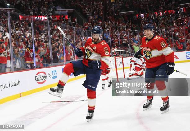Matthew Tkachuk of the Florida Panthers scores a first period goal against the Carolina Hurricanes in Game Four of the Eastern Conference Finals of...