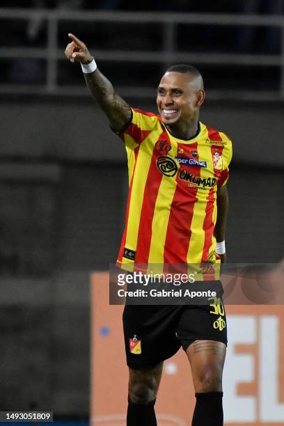 Arley Rodriguez of Deportivo Pereira celebrates after scoring the first goal of his team during the Copa CONMEBOL Libertadores 2023 group F match...