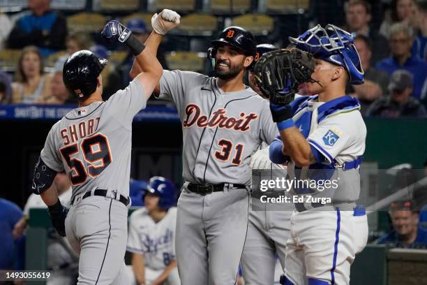 Zack Short of the Detroit Tigers celebrates his three-run home run with Riley Greene in the sixth inning against the Kansas City Royals at Kauffman...