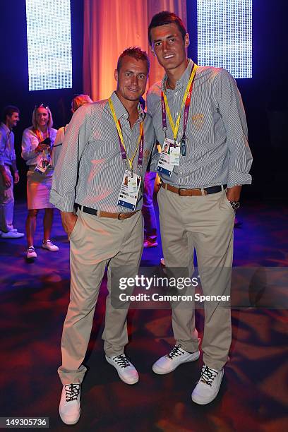 Tennis players Lleyton Hewitt and Bernard Tomic attend the Australian Olympic Committee 2012 Olympic Games team flag bearer announcement at the...