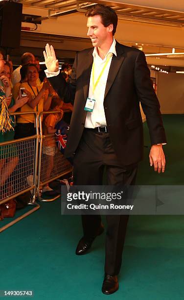 Former swimmer Grant Hackett arrives at the Australian Olympic Committee 2012 Olympic Games team flag bearer announcement at the Stratford Westfield...